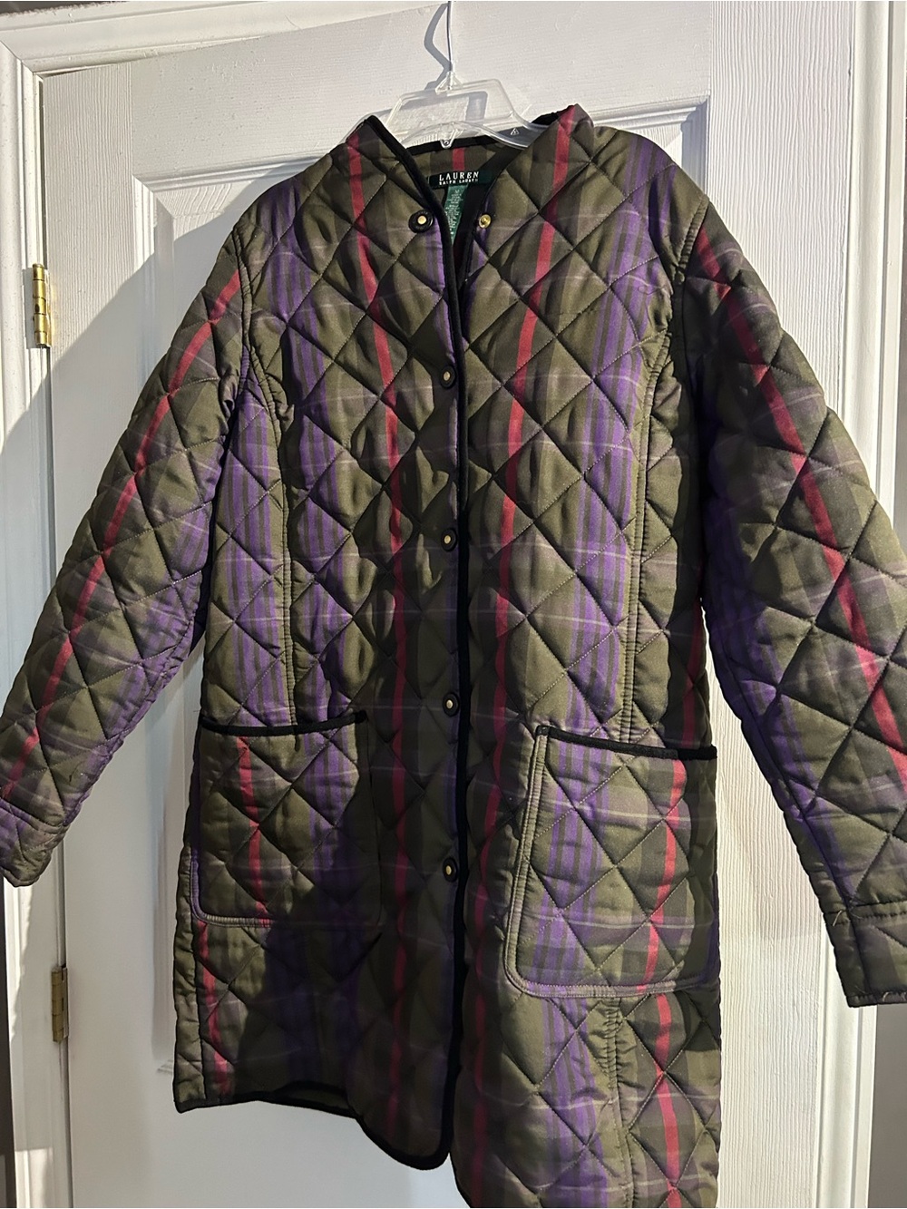 Lauren Ralph Lauren Olive Quilted Plaid Coat with Purple & Red Accents